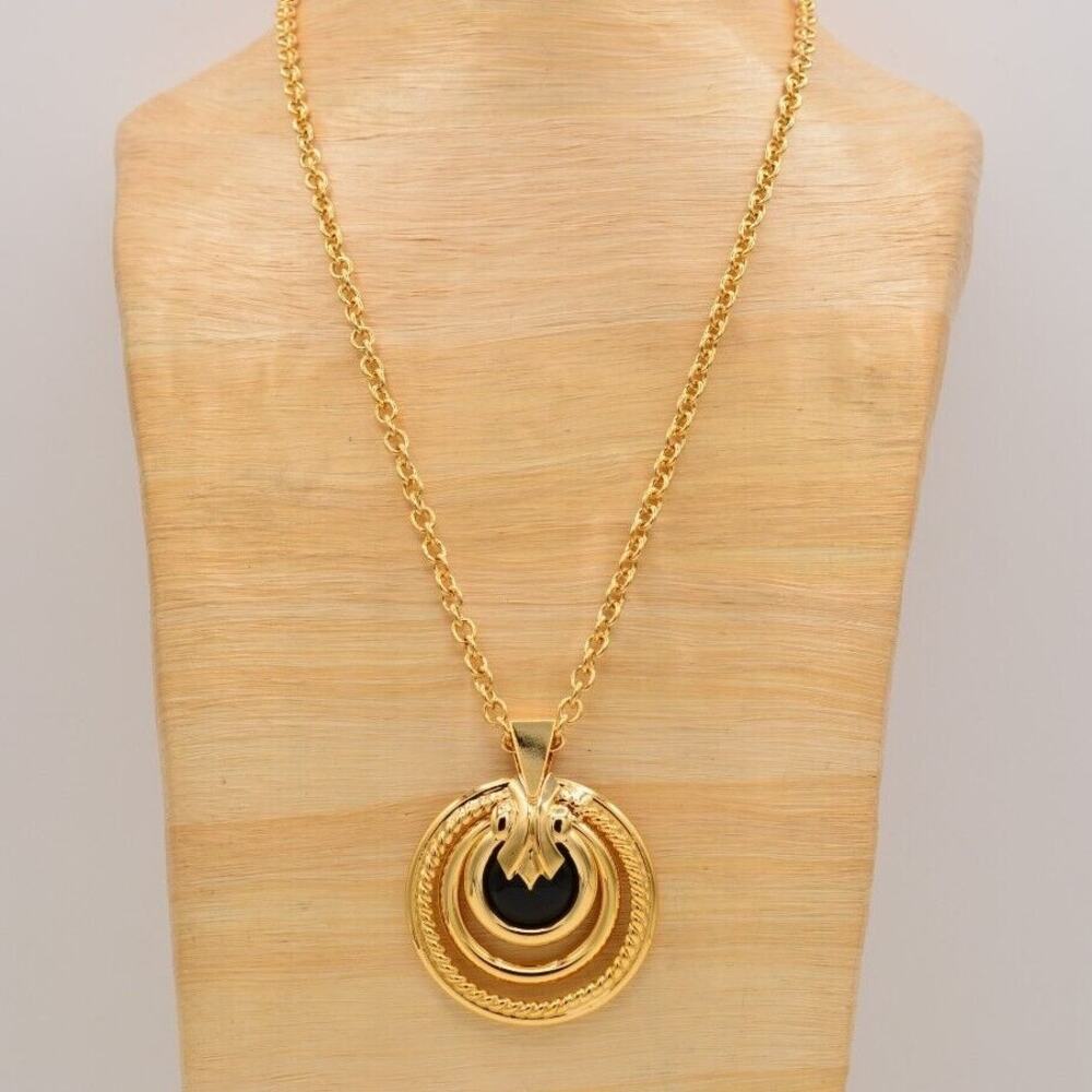 Vintage Cabochon Pendant Necklace Black Onyx Gold Chain Heavy Chunky NOS 80s A21